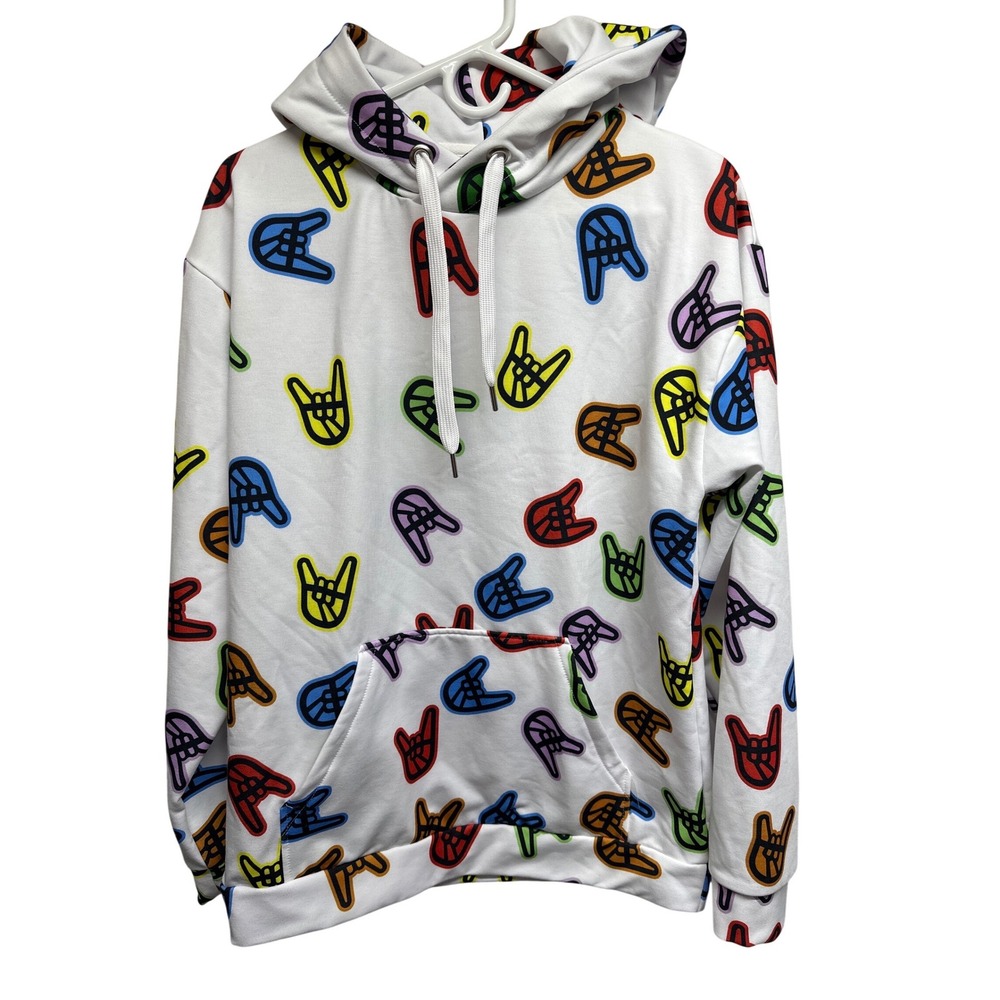 2 Down Baseball Be Clutch White‎ Rock On Hand Print Hoodie Sweatshirt Size M
